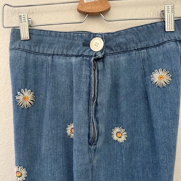 We The Free Embroidered Daisy Wide Leg High Rise Pants Cotton Flat Front Blue Sz - Picture 4 of 14